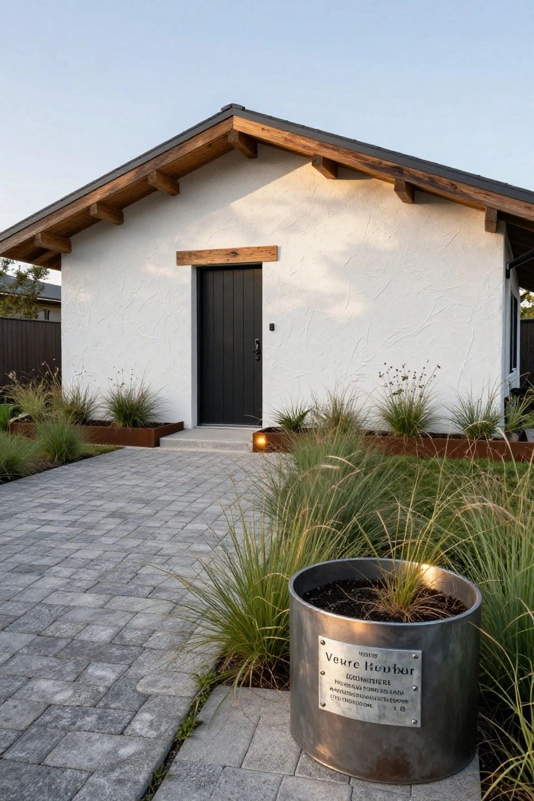 Front exterior of a small white stucco house with dark exposed wooden roof beams, black paneled door, surrounded by tall ornamental grasses in metal-edged beds and a large metal planter on a gray brick pathway.