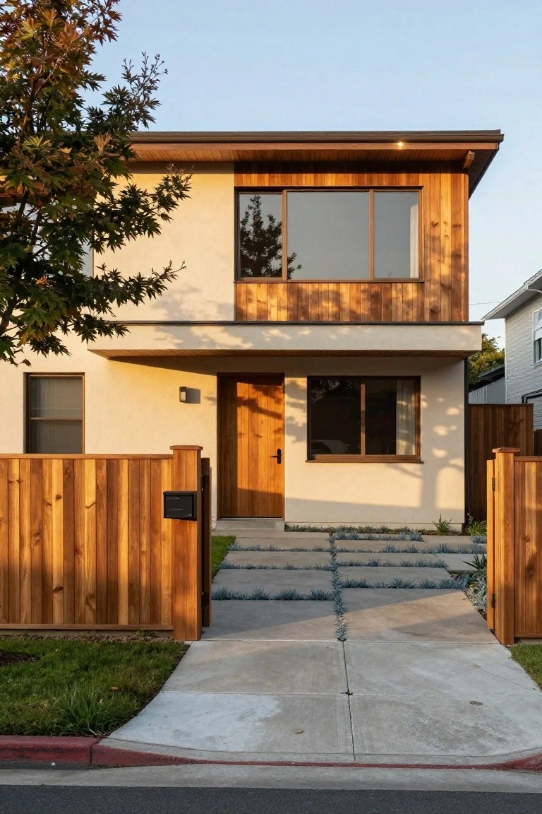 Front exterior of a modern two-story house with beige stucco walls, vertical wood cladding on the upper right side, wooden front door, cedar wood fence and gate, concrete steps with agave plants, and a Japanese maple tree nearby.