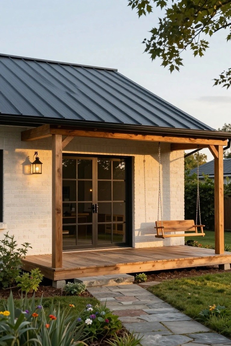 White brick house exterior with covered wooden porch, hanging wooden swing, French doors, lantern light, raised deck, stone pathway, and garden plantings.