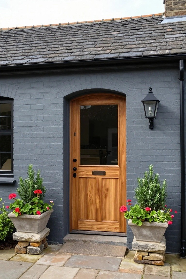 Dark grey brick house exterior featuring an arched oak wood front door with glass panel, flanked by stone-based pots of rosemary and geranium plants, a black lantern light, and stone paving.