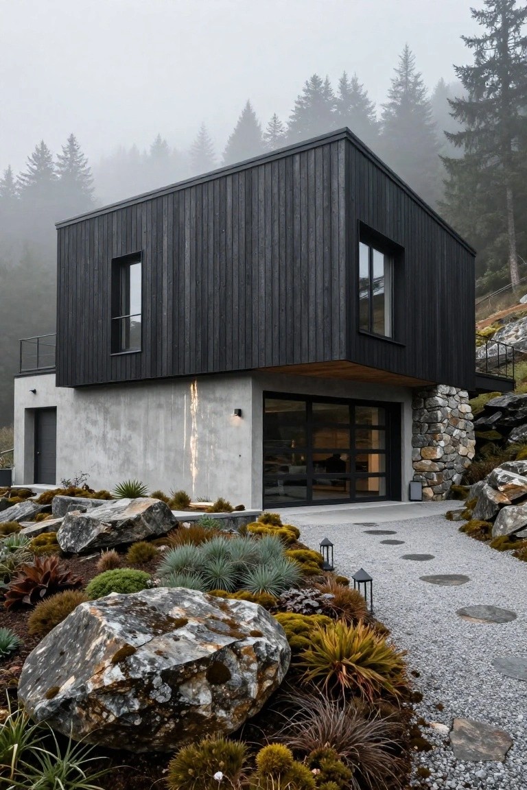 Modern sloped house exterior featuring black vertical wood cladding on upper walls, light gray concrete and stone base with glass garage door, surrounded by large rocks, low plants, gravel path with stone stepping pads, and misty pine forest backdrop.