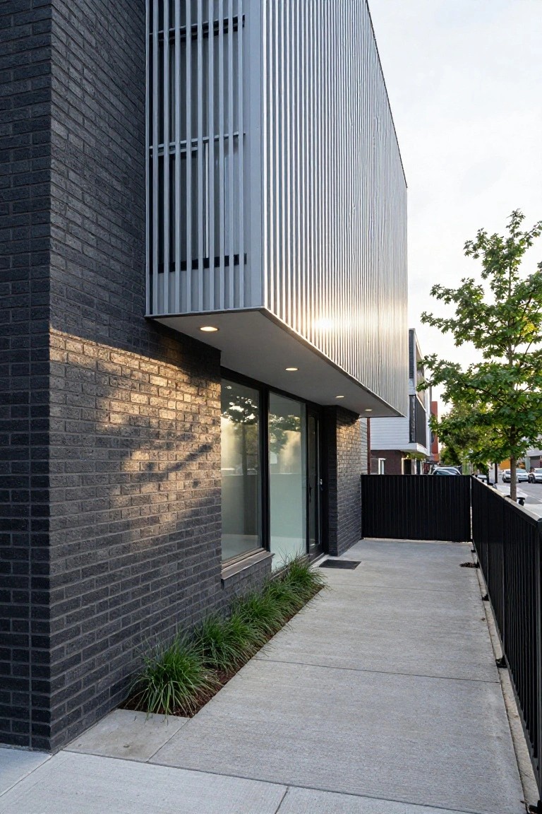 Side view of a two-story modern house with dark grey brick walls, light grey vertical corrugated metal cladding, a large glass entry door under an overhang, concrete pathway edged with low grasses, black metal fence, and trees nearby.