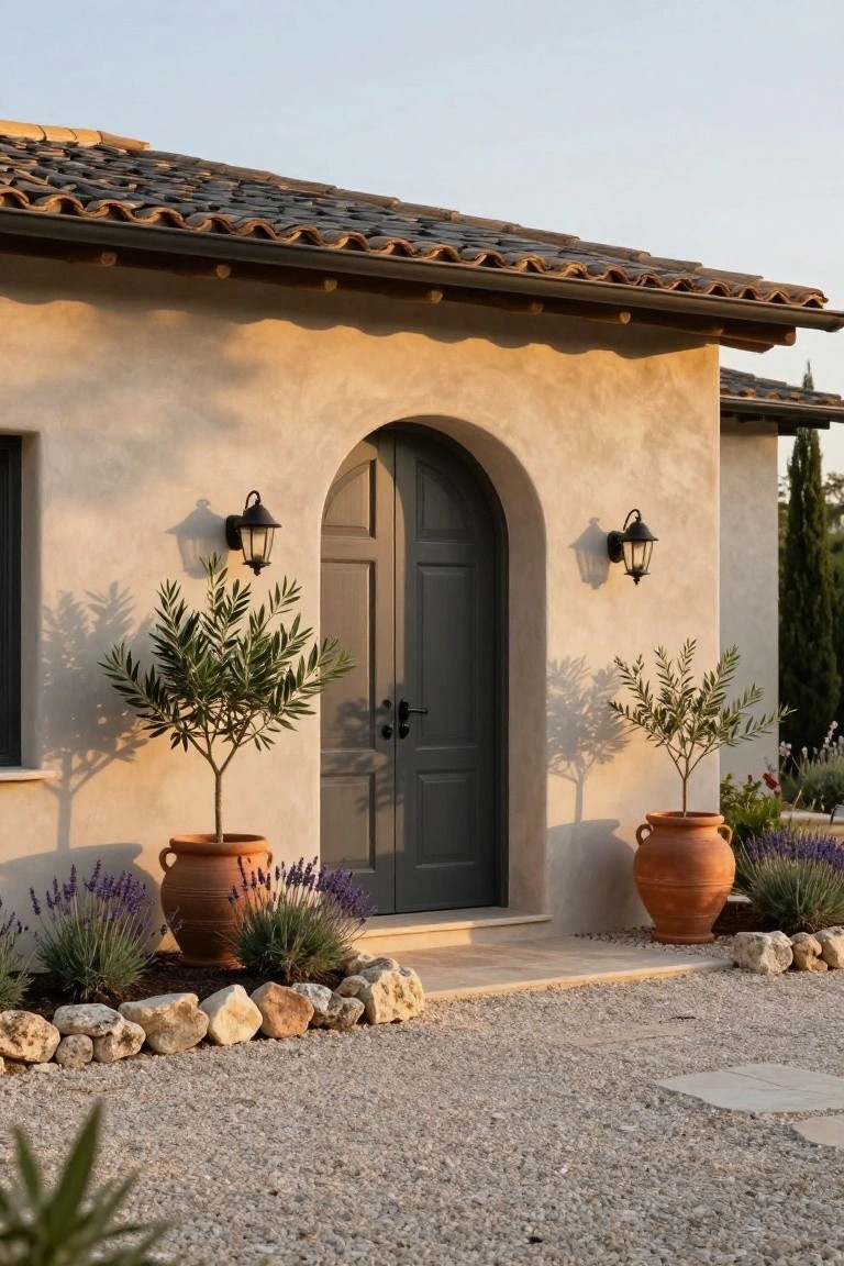 Light stucco house exterior with dark grey arched wooden front door, black lanterns on either side, potted olive trees, lavender plants in terracotta pots, rock edging, and gravel path in front.