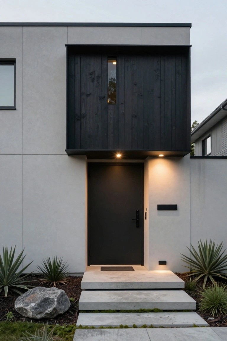 Modern single-story house exterior featuring light grey stucco walls with a protruding dark vertical timber panel above the black front door, narrow lit window in the timber, concrete entry steps, agave plants, mulch, a large rock, and pathway.