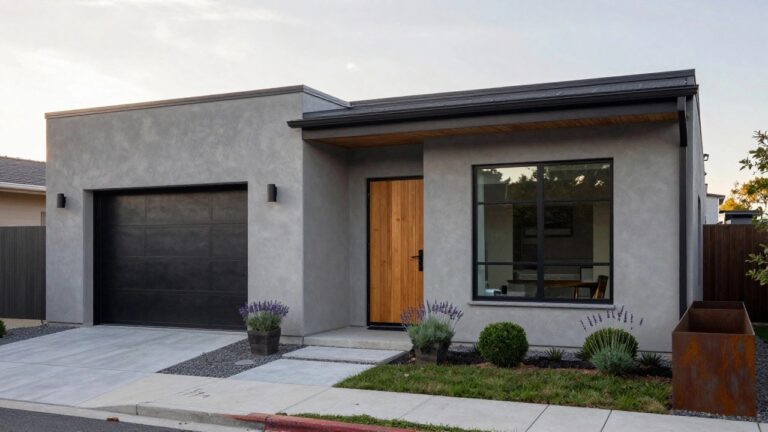 Modern house exterior with dark grey stucco walls, vertical wood plank front door, black garage door, slim black-framed window, potted lavender plants, boxwood shrubs, and concrete stepping stones on gravel ground.