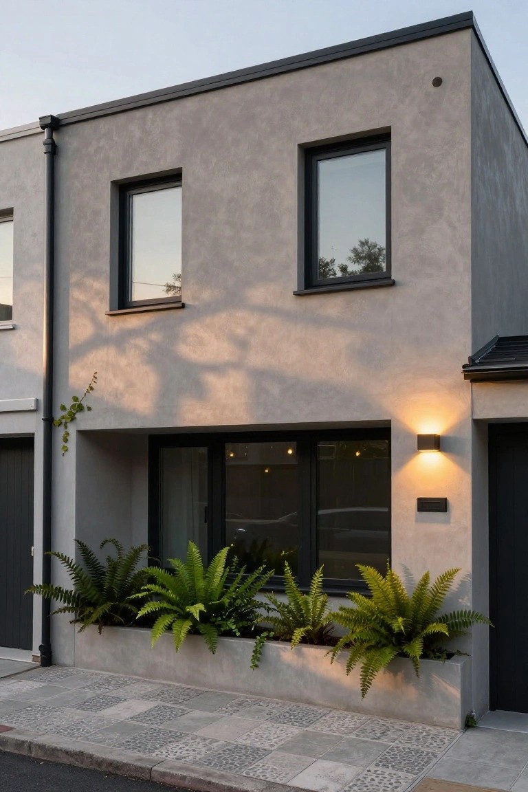 Corner view of a modern two-story house with light grey textured walls, black-framed windows and doors, garage, wall lights, raised concrete planter box filled with large ferns, and pebble-patterned pavement path.
