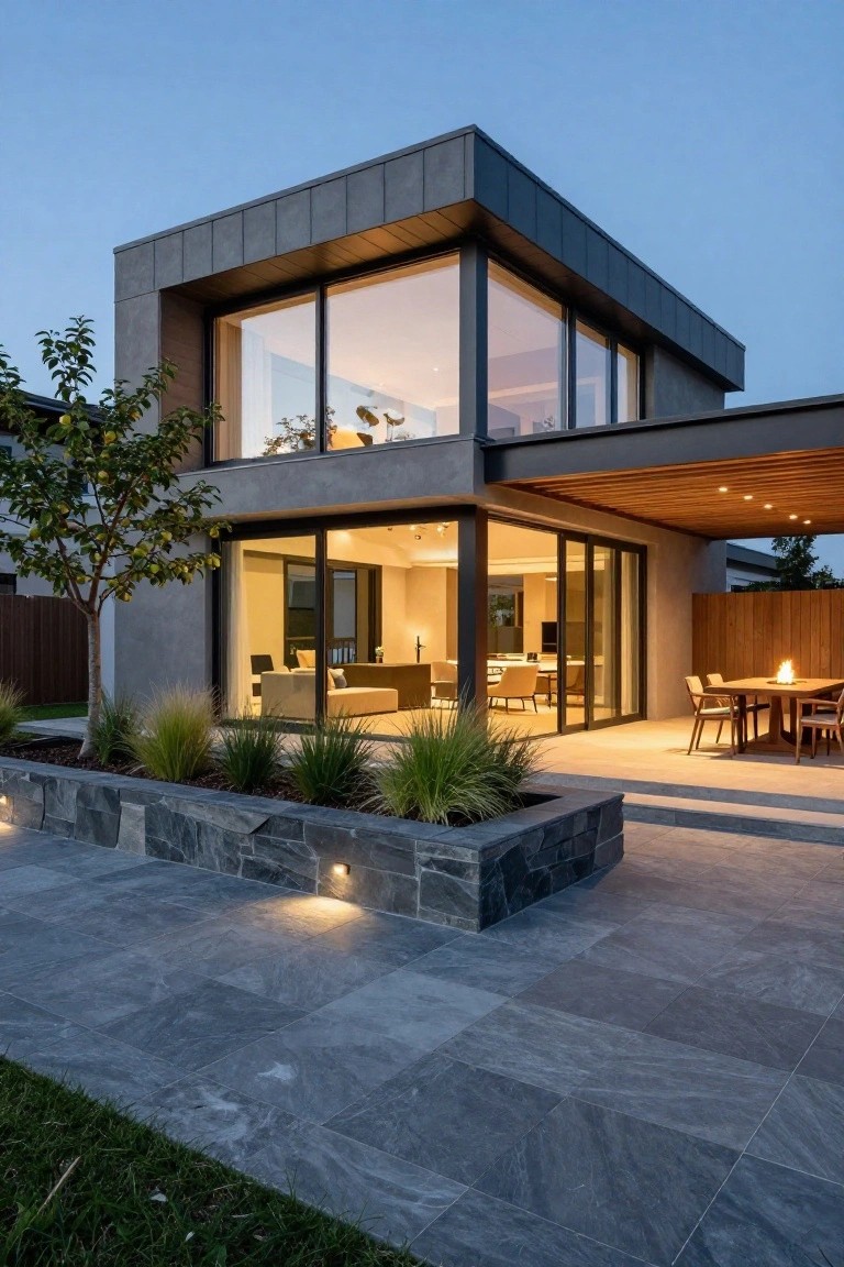 Corner view of a modern two-story house with dark grey textured walls, large corner glass windows, wooden pergola over a patio with dining table and chairs, stone planter wall with grasses, and dusk lighting.