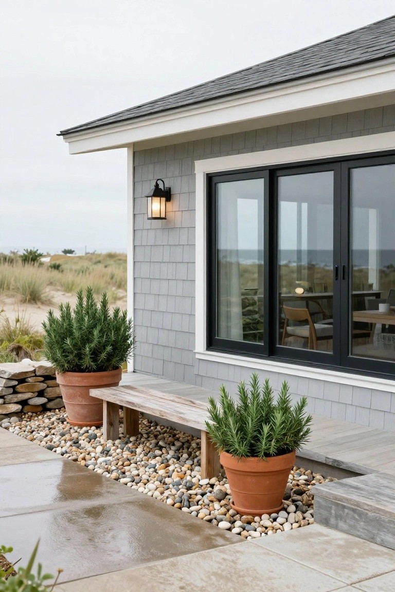Side view of a light gray shingled house corner with large black-framed sliding glass doors, flanked by terracotta pots of rosemary plants, a wooden bench, lantern light, pebble ground cover, stone wall, and ocean dunes visible through the windows.