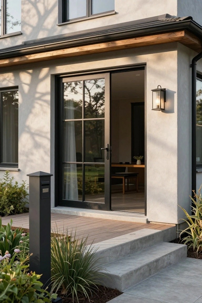 Modern house exterior with light grey stucco walls, black-framed sliding glass doors opening to a wooden deck with concrete steps, black mailbox post, wall lantern, and surrounding plants.