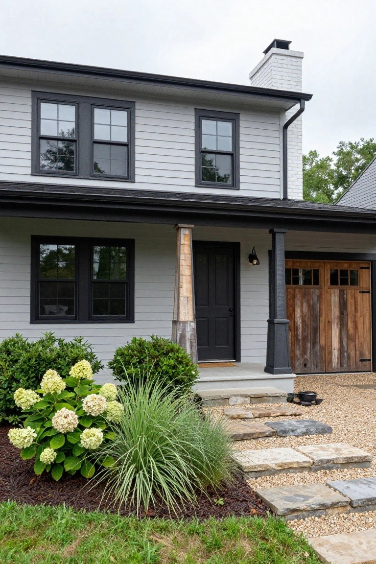 Light gray clapboard two-story house exterior with black window frames, dark front door under a covered porch supported by a wooden post and black columns, wooden garage doors to the side, hydrangea bushes and ornamental grasses in front, stone steps leading to a gravel path.