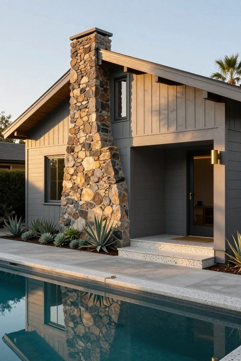 Modern house exterior with tall irregular stone chimney, grey wood siding, dark-framed windows and door, gold light fixture at entry, succulents in beds, and turquoise pool reflecting the house in foreground.