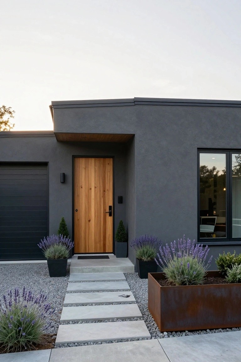Modern house exterior with dark grey stucco walls, vertical wood plank front door, black garage door, slim black-framed window, potted lavender plants, boxwood shrubs, and concrete stepping stones on gravel ground.