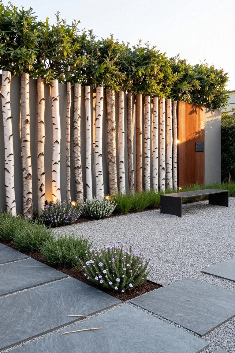 Vertical birch tree trunks form a tall garden fence topped with green shrubs, with a black metal bench on gravel beside stone pavers and lavender plants.