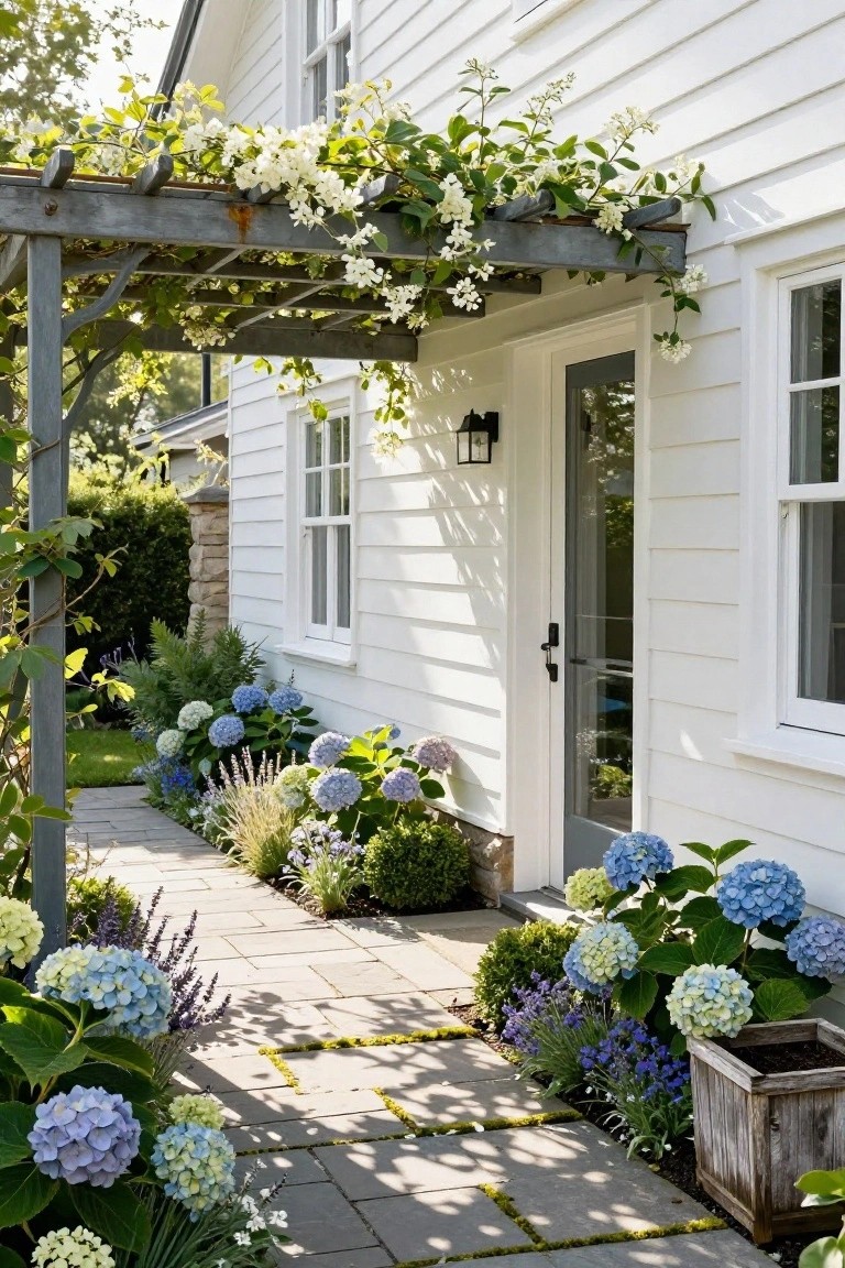 White clapboard house with gray front door, stone pathway lined with blue hydrangeas, lavender, and other perennials, under a vine-covered wooden pergola.
