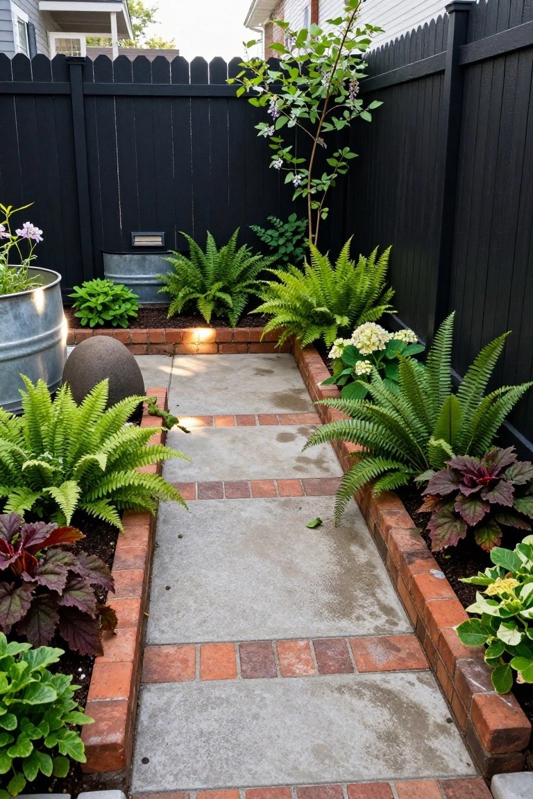 Narrow concrete pathway bordered by raised red brick beds filled with ferns, colorful foliage like purple coleus and hostas, white hydrangeas, a metal tub planter, and a large stone egg sculpture, against black wooden fences and a house exterior.