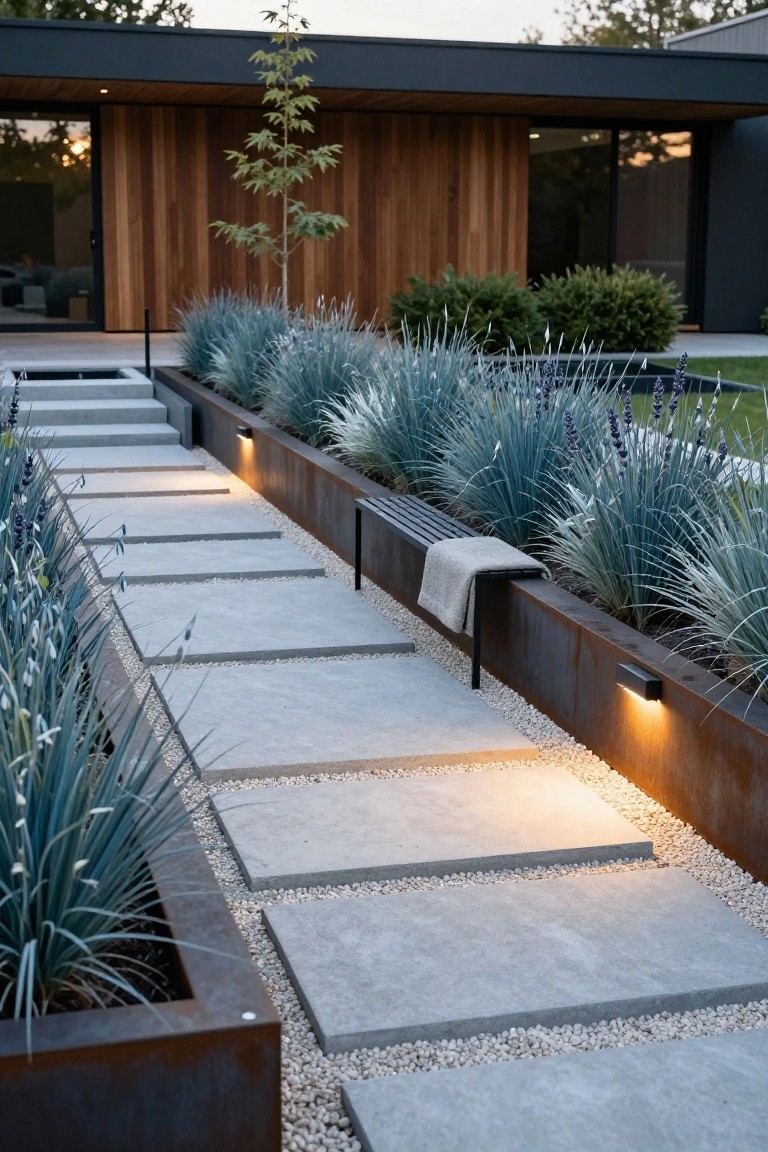 Modern house with wooden cladding and glass entry, concrete paver pathway lined by raised corten steel planters of blue agave, gravel gaps, wooden bench, low wall lights, and lawn beyond.