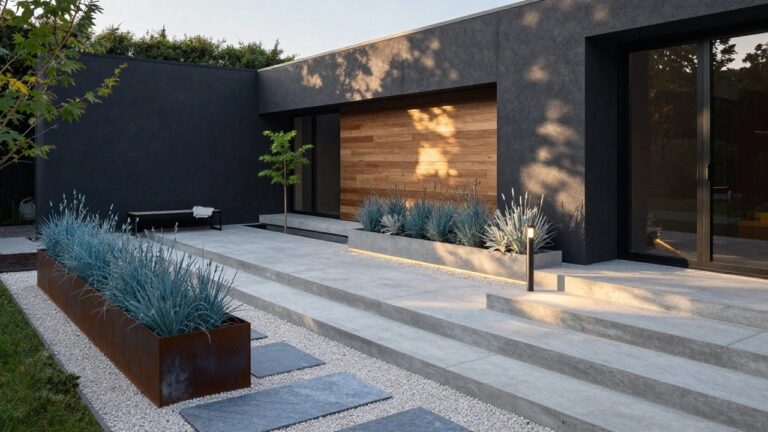 18 Modern House Exterior Landscaping Ideas for Curb Appeal Modern house with wooden cladding and glass entry, concrete paver pathway lined by raised corten steel planters of blue agave, gravel gaps, wooden bench, low wall lights, and lawn beyond.