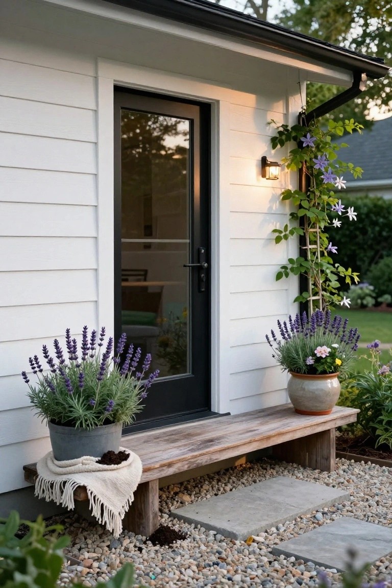 Rustic bench with potted lavender beside black door on white house.