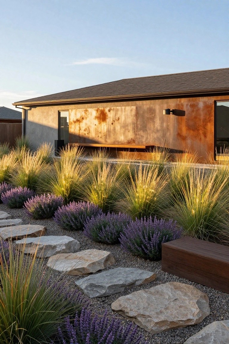 Modern house with rusted metal siding and flat roof, bordered by tall golden grasses, purple lavender shrubs in gravel beds, irregular stone stepping stones, and wooden bench.