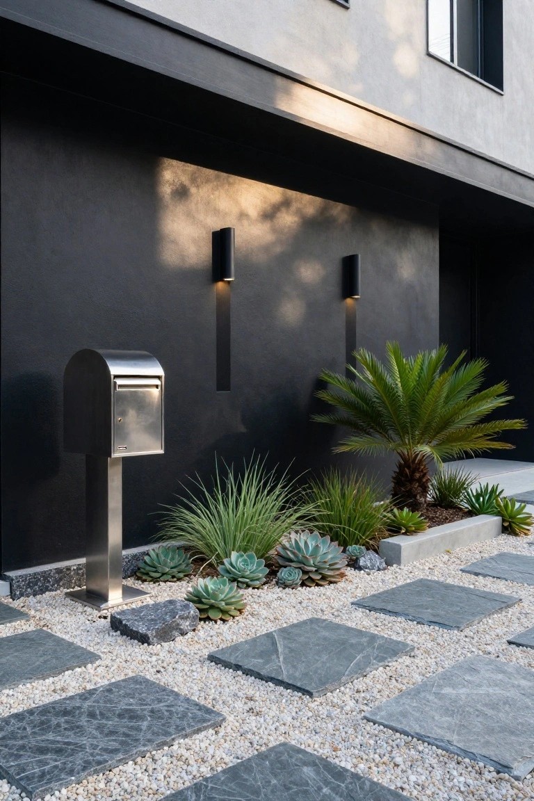 Modern house exterior with black stucco wall, two wall-mounted black light fixtures, stainless steel curved mailbox on metal post, fan palm tree, agave and succulent plantings in raised bed, and irregular gray stone slab pathway set in white pebble gravel mulch.