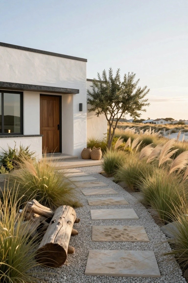 White modern house exterior featuring a wooden entry door and window, with a gravel pathway of large irregular stone slabs bordered by tall grasses, pebbles, a driftwood log, and an olive tree, beach dunes visible in the background.