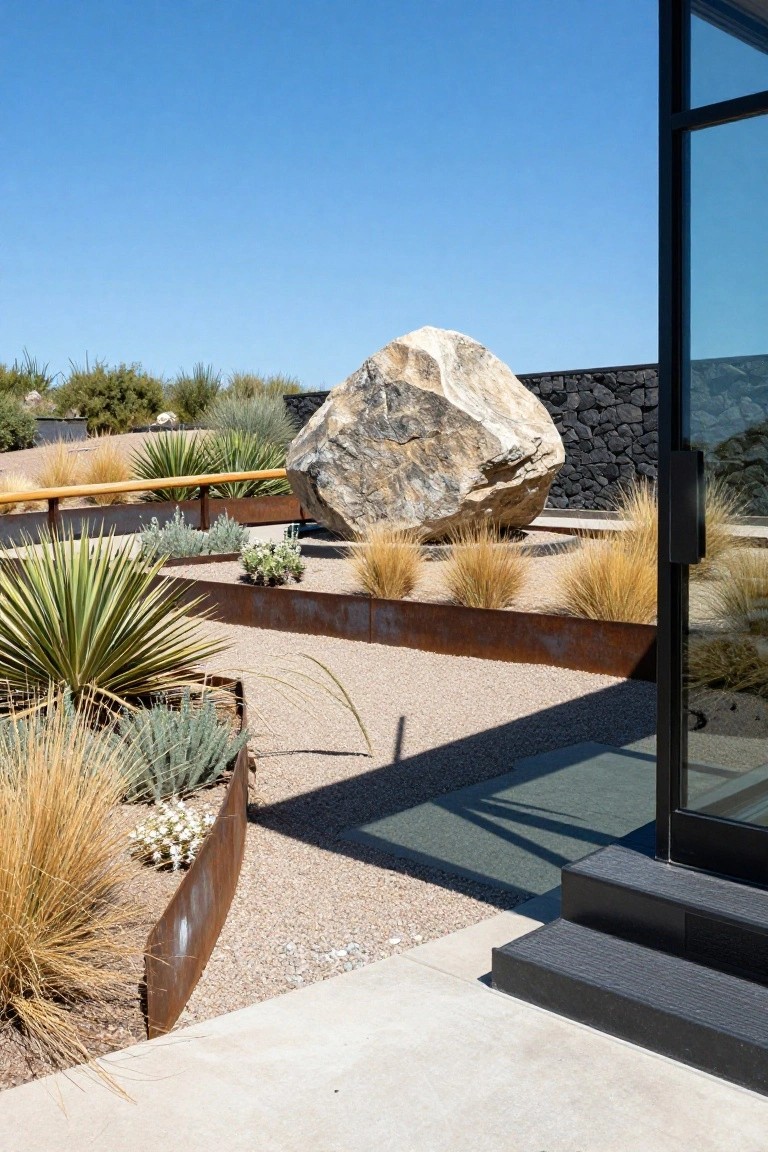Modern desert landscaping with a large pale boulder centered among ornamental grasses, agave plants, gravel paths, corten steel edging, a wooden handrail, black stone wall, and glass entry door under clear blue sky.