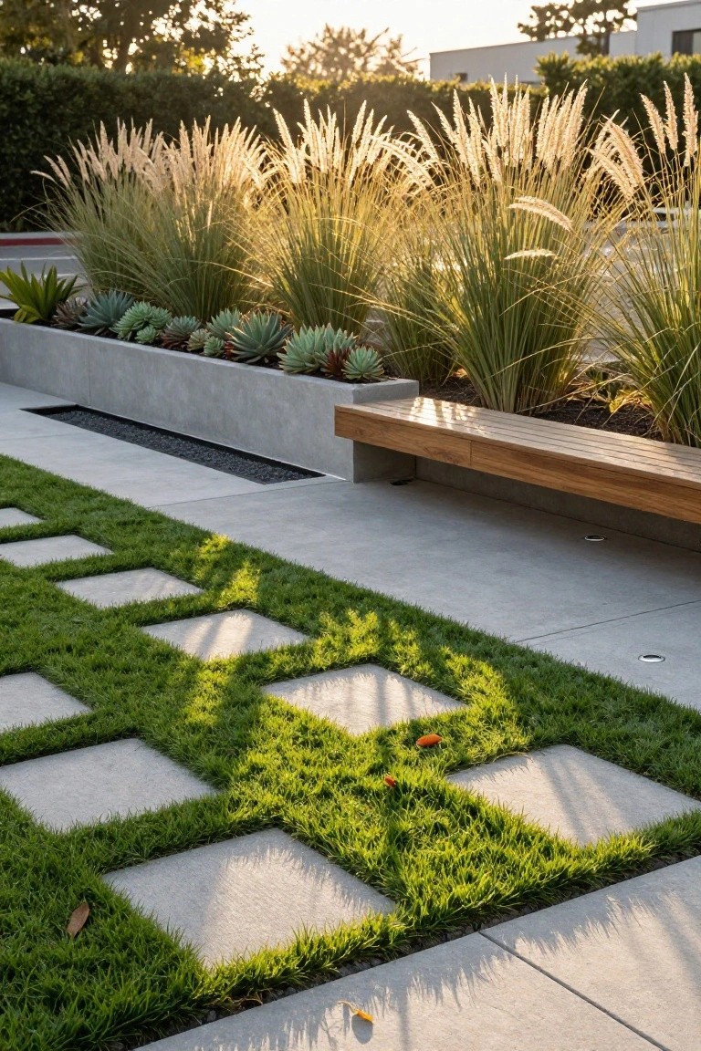 Square concrete pavers embedded in green grass forming a pathway on a concrete patio, with raised planters of succulents and tall ornamental grasses, a wooden bench, and a linear black stone trench nearby.