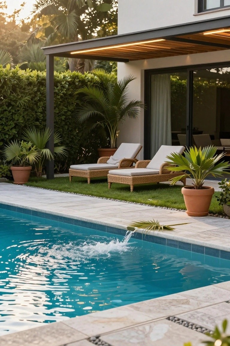 Modern white house with glass doors overlooking a turquoise pool, two beige rattan loungers under a black wooden pergola on a tiled pool deck surrounded by potted plants, palms, hedges, and grass at sunset.