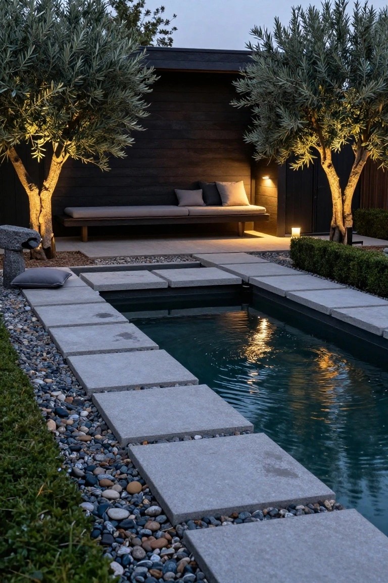 Narrow rectangular pool with teal water at dusk, edged in light gray stone pavers and pebbles, flanked by two uplit olive trees, gray bench cushions on elevated wooden platform against dark wall, boxwood hedges along edges.