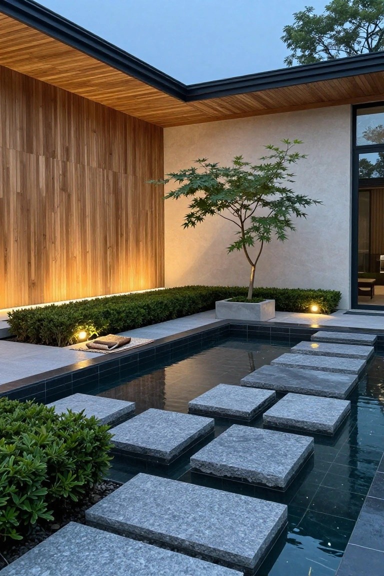 Modern courtyard with wooden-clad walls, a shallow rectangular black-tiled pond crossed by large gray stepping stones, low green hedges, a potted Japanese maple tree, and ground lights at dusk.