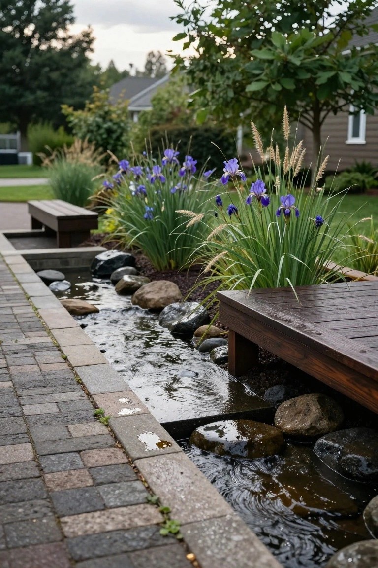Narrow stream flowing alongside a brick pathway, lined with various rocks and surrounded by tall ornamental grasses, purple irises, and mulch, with a wooden bench and deck edge visible.
