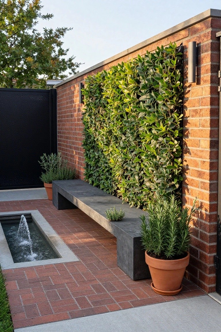 Brick wall covered in dense green vertical foliage next to a black metal fence, with a concrete bench, potted rosemary plants, and a small rectangular fountain on brick pavers in an outdoor courtyard.