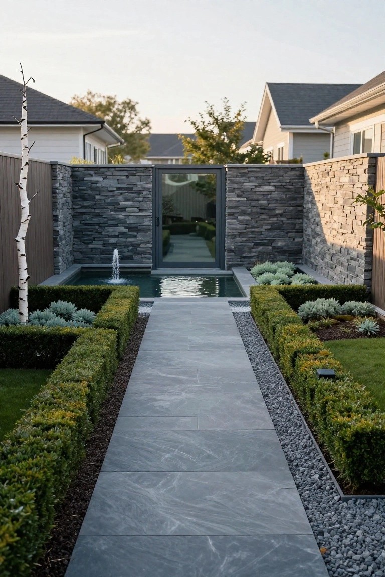 A straight gray stone pathway bordered by boxwood hedges and gravel edges leads through a garden to a glass door in a dark stone wall, with a rectangular pool and fountain on one side.