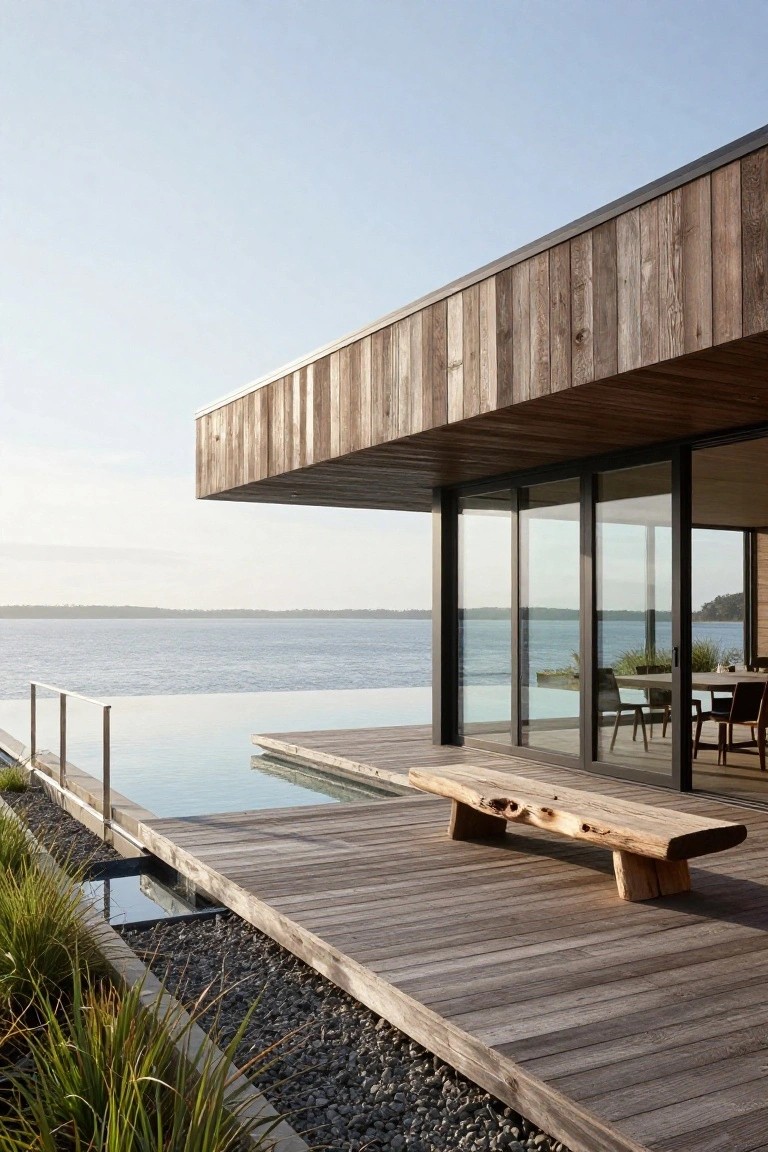 Modern house corner with cantilevered dark wood upper level over wooden deck and infinity-edge pool facing a lake, large glass sliding doors open to interior dining area, natural wood bench on deck, and gravel-edged landscaping.