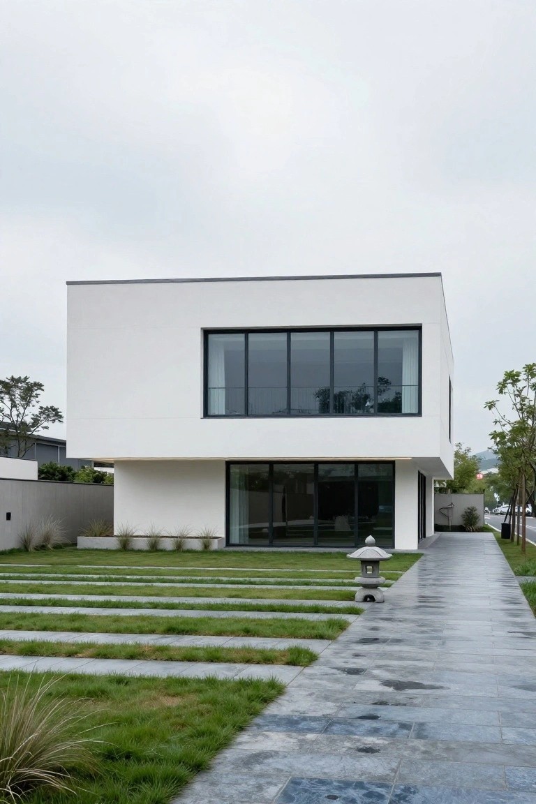 A modern two-story white rectangular house with black-framed windows on the upper facade, a large glass sliding door at ground level, a front yard of striped grass panels, a wet gray stone pathway, and a stone lantern beside the path.
