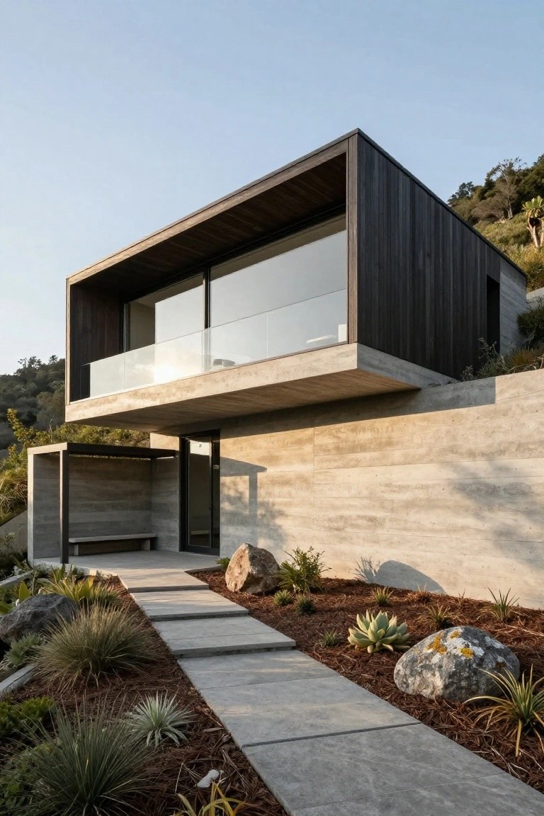Modern house on a hillside with dark wood upper cladding, cantilevered concrete balcony with glass railing, concrete entry canopy and bench, stone pathway through gravel beds and native plants.