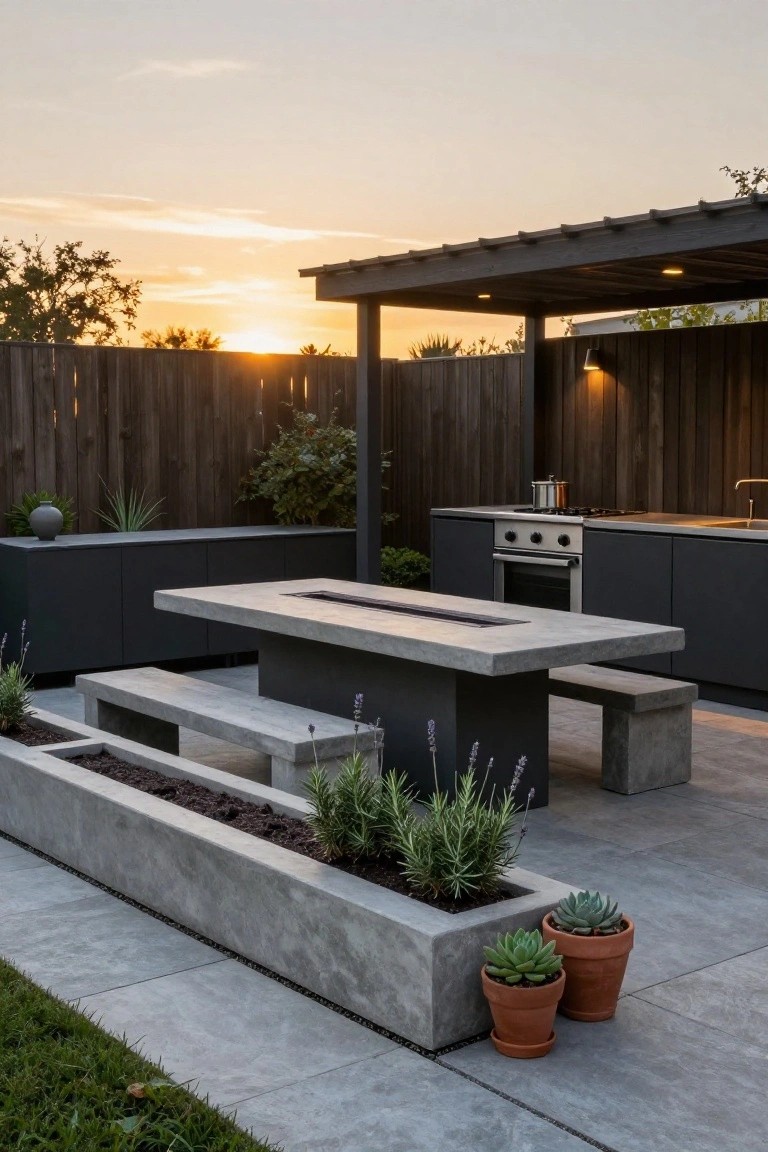 Modern outdoor patio with black cabinet outdoor kitchen under wooden pergola, large gray concrete dining table with integrated linear fire pit, matching concrete benches, raised concrete planters with greenery, potted succulents, and gray paver flooring at sunset.
