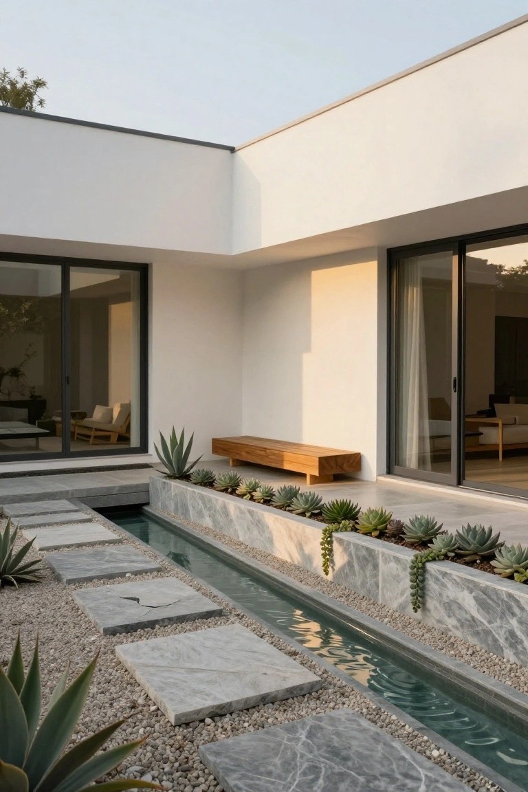 White modern house corner with black-framed sliding glass doors opening to a gravel courtyard, a linear stone-lined water channel crossed by large gray pavers, succulents in marble planters along the edges, a wooden bench nearby, and agave plants in the foreground.