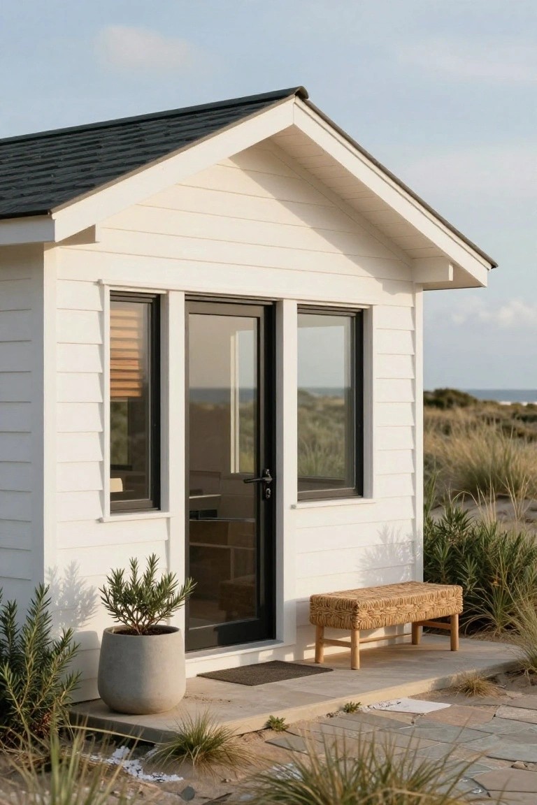 Small white gable-roofed cabin with black shingle roof, black-framed windows and glass entry door, flanked by rosemary plants in a gray pot and a woven bench, on paved step amid dunes and beach grass near the ocean.