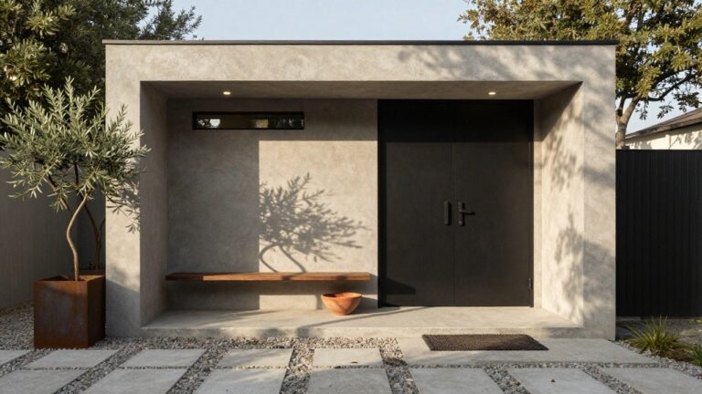 Modern house facade with recessed black front door in white stucco wall, flanked by two potted olive trees in rusted metal containers, wooden bench, doormat, and paver pathway with gravel.