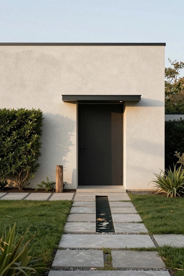 Beige stucco modern house exterior with black front door under dark overhang, gray stone paver pathway containing narrow central water channel with orange koi fish, green lawn and shrubs on sides.