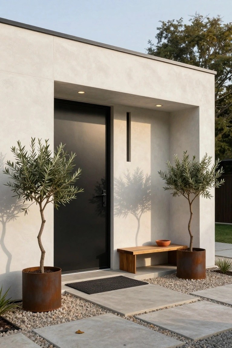 Modern house facade with recessed black front door in white stucco wall, flanked by two potted olive trees in rusted metal containers, wooden bench, doormat, and paver pathway with gravel.