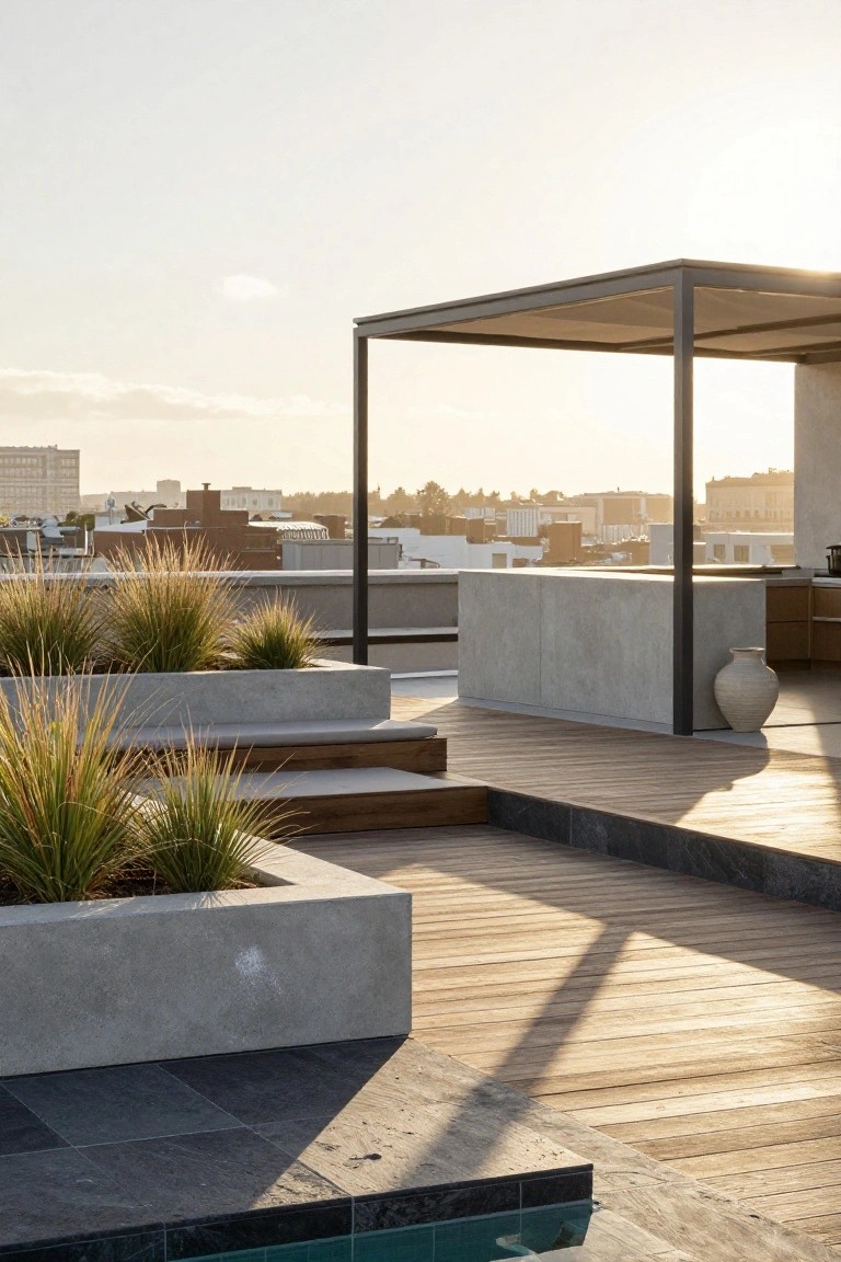 Rooftop terrace at sunset with wood decking, concrete bar and planters filled with tall grasses, black metal pergola with beige fabric shade, built-in kitchen cabinets, steps, dark stone pool edge, and distant city buildings.
