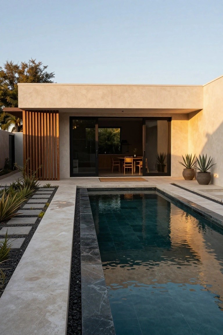 Beige stucco modern house exterior with vertical wooden slats, open black sliding glass doors revealing an indoor dining area, adjacent rectangular swimming pool with dark tile edging and travertine decking, agave plants, and stone stepping path at sunset.