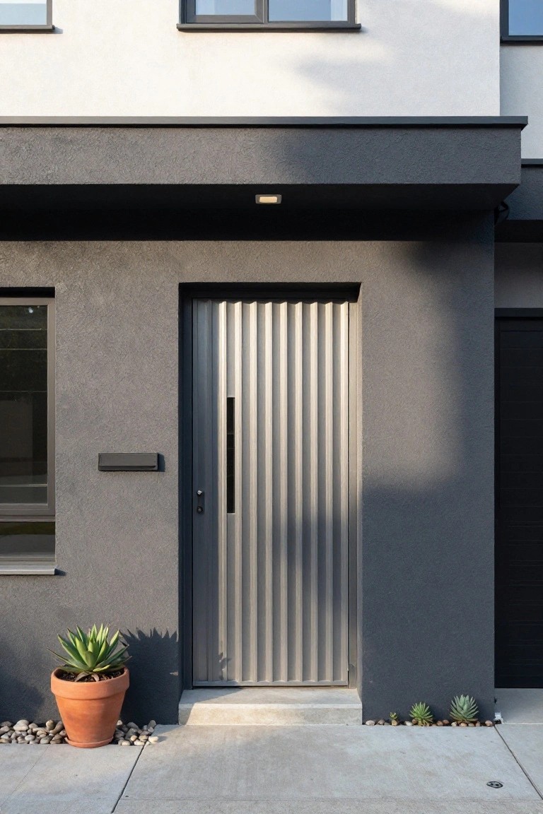 Modern house exterior with gray stucco walls, a tall vertical ribbed silver metal front door, black-framed windows, a potted agave plant, small succulents, pebble ground cover, and a concrete path next to a dark garage door.