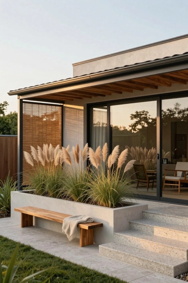 Wooden bench with a beige throw blanket positioned beside a rectangular concrete planter overflowing with tall pampas grass on a stepped concrete terrace next to a modern house with sliding glass doors and bamboo screens.