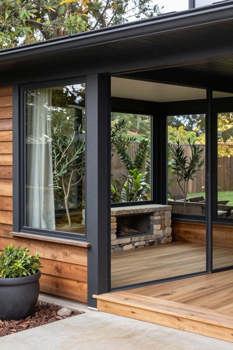 Wooden house exterior with black metal-framed windows and sliding glass doors opening to a timber deck with a low stone-clad fireplace, potted plants nearby, and garden visible beyond.