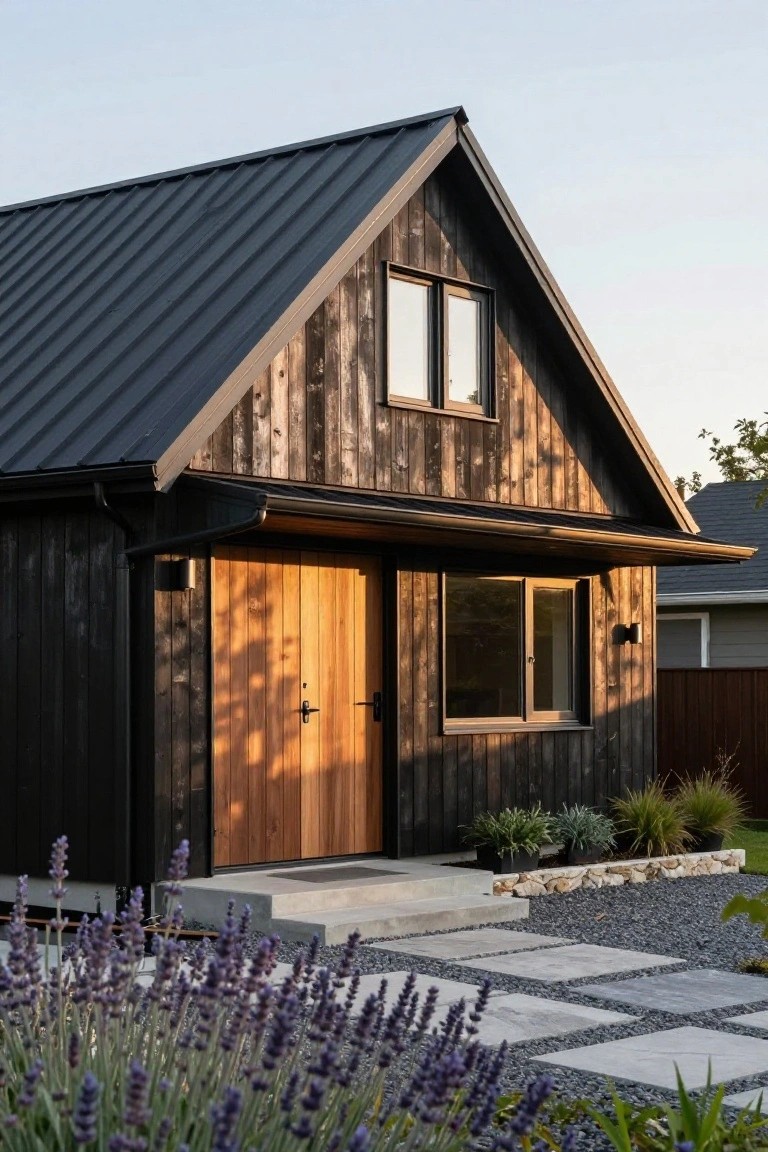 A compact gabled house with dark charred wood siding, black metal roof, orange wooden entry door, side window, downspout, and front concrete steps leading to a gravel path edged with lavender plants.