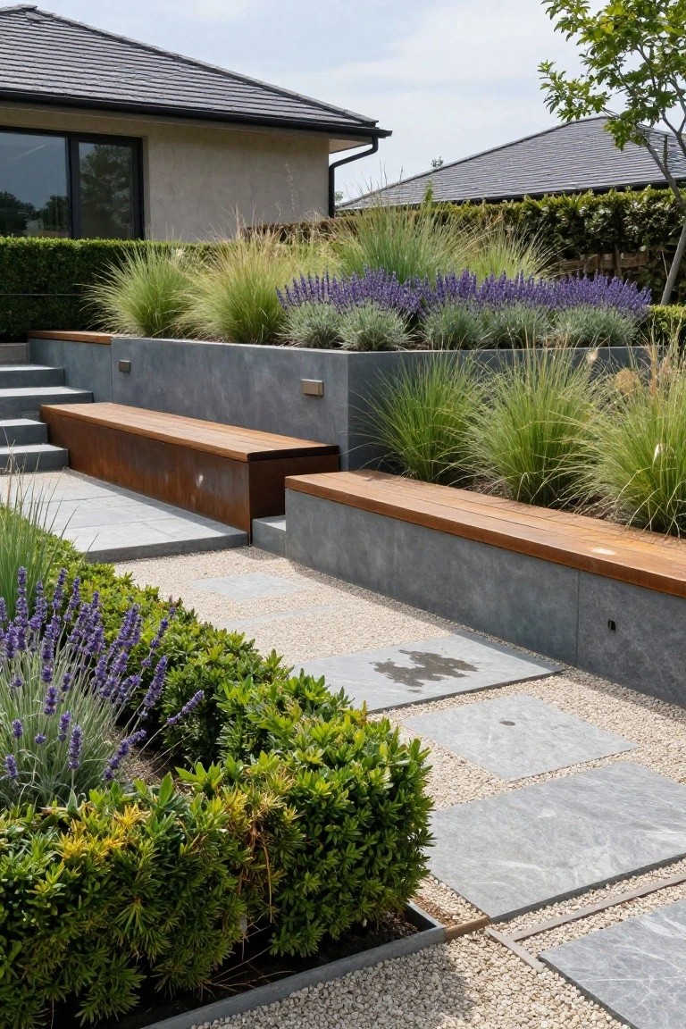 Concrete retaining walls with integrated wooden benches, surrounded by lavender plants, ornamental grasses, boxwood hedges, gravel paths, and stone steps in a modern garden beside a house.