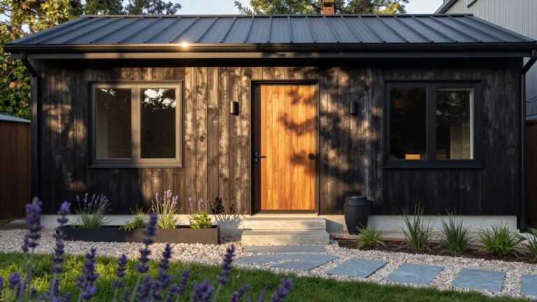 A compact gabled house with dark charred wood siding, black metal roof, orange wooden entry door, side window, downspout, and front concrete steps leading to a gravel path edged with lavender plants.